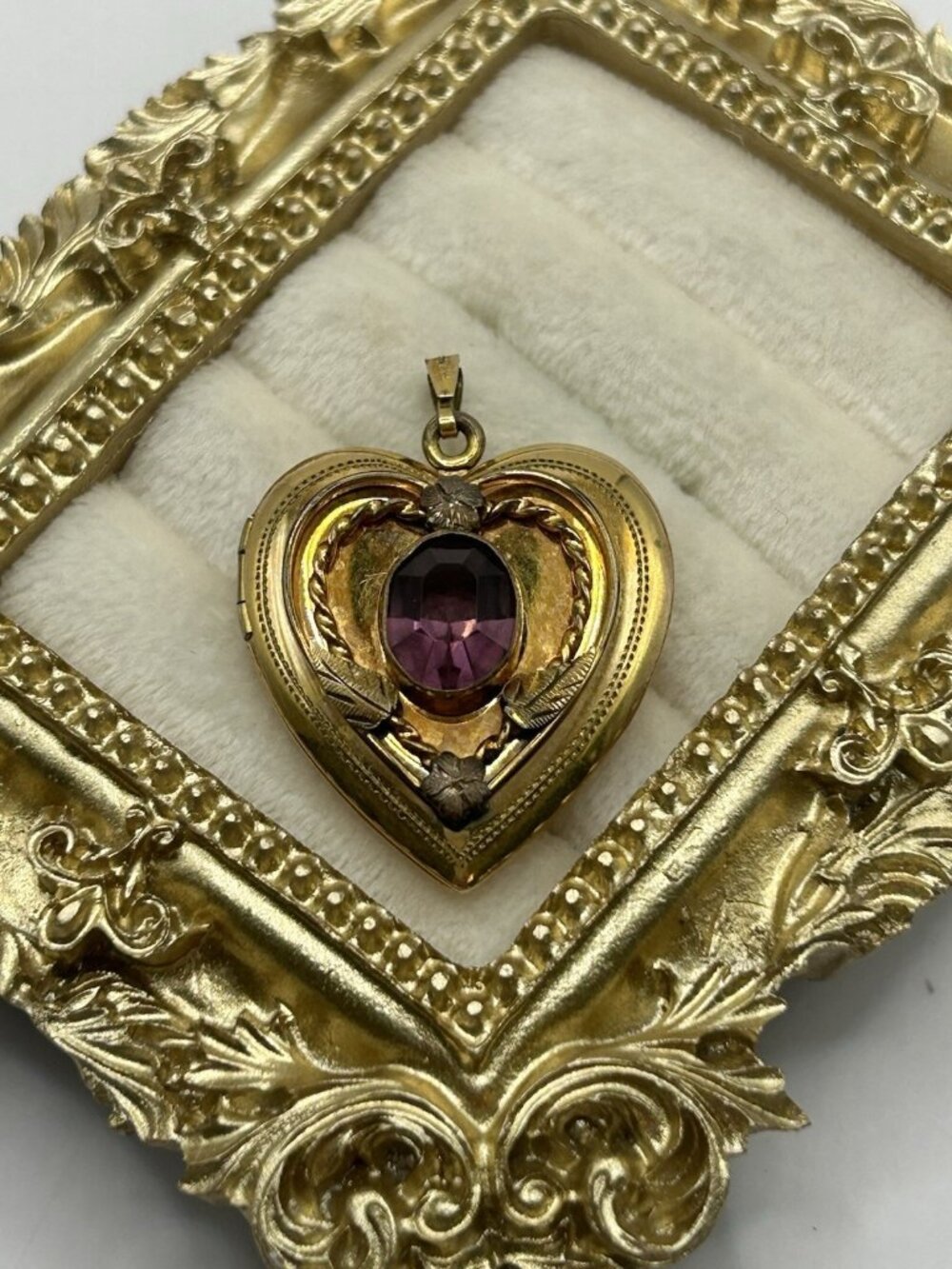 12K Gold Filled Heart Photo Locket Purple Flowers Cottagecore Pendant Vintage
